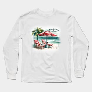 Santa Barbara Vintage Watercolor Beach Scene - California Travel Long Sleeve T-Shirt